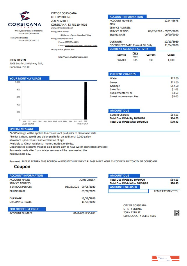 USA Texas City of Corsicana utility bill template in Word and PDF format